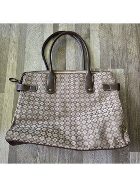 NINE WEST Vintage Geometric Canvas Tote Bag Brown Tan Shoulder Purse Handbag Y2K